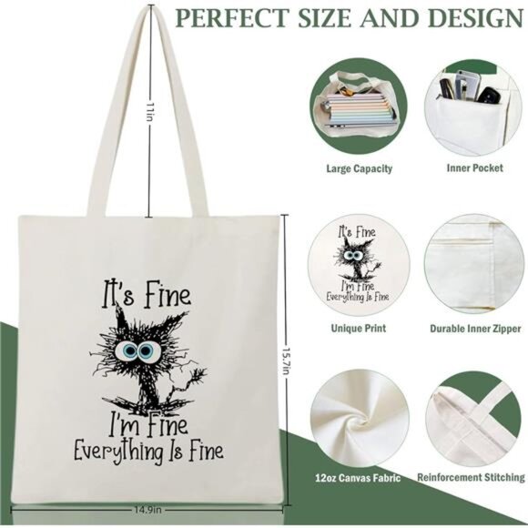 Canvas Tote Bag for Women Aesthetic Cute Cat Shopping Grocery Reusable Bag - Picture 7 of 7